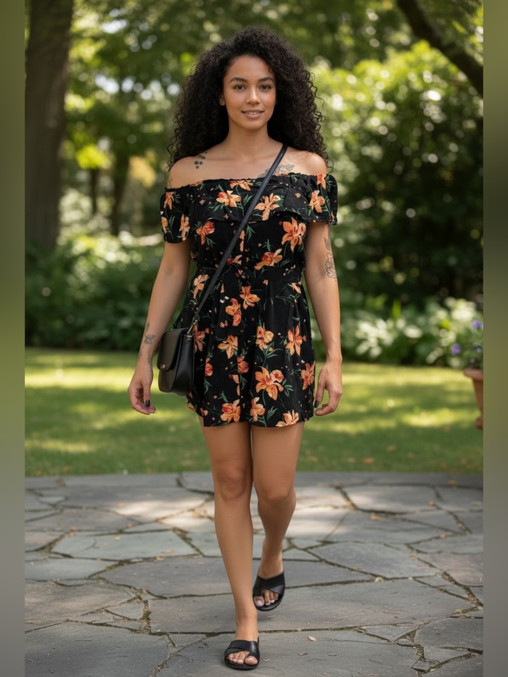 Forever 21 Off-Shoulder Black Floral Women’s Mini Dress Small with Tie Waist